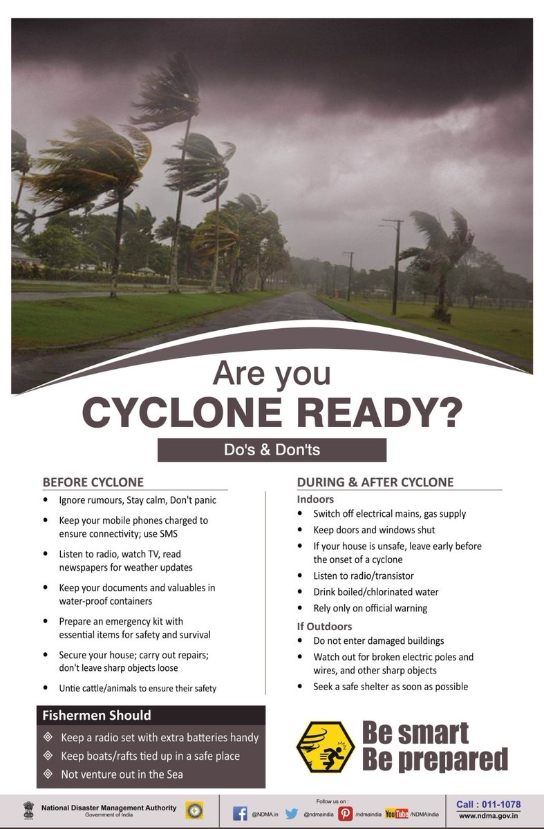 ndmaindia's tweet image. Are you prepared enough for a #Cyclone? Here are some Dos and Donts which can save a lot of lives and livelihoods.

#CycloneUpdate