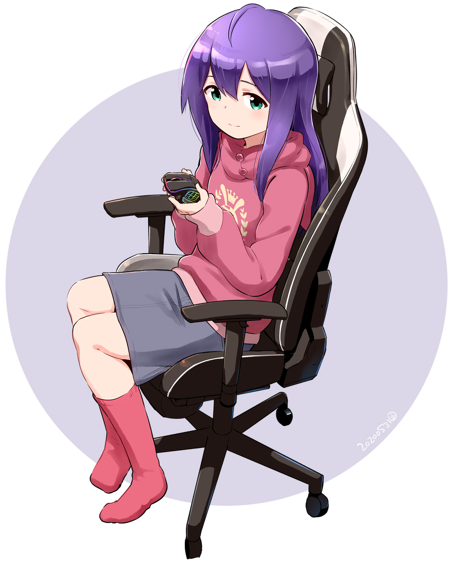 mochizuki anna 1girl solo long hair purple hair skirt hood sitting  illustration images