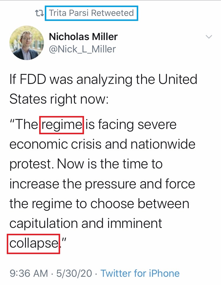 More examples of  #Iran apologists/lobbyists exploiting the ongoing developments in the U.S.Specifically using the terms "regime," "collapse," "meltdown" & enjoying the fact that "American cities are burning."This choir is orchestrated & fanned by NIAC founder Trita Parsi.