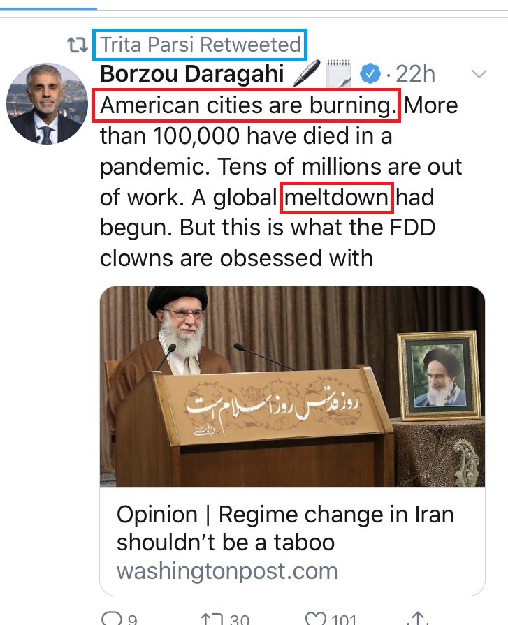 More examples of  #Iran apologists/lobbyists exploiting the ongoing developments in the U.S.Specifically using the terms "regime," "collapse," "meltdown" & enjoying the fact that "American cities are burning."This choir is orchestrated & fanned by NIAC founder Trita Parsi.