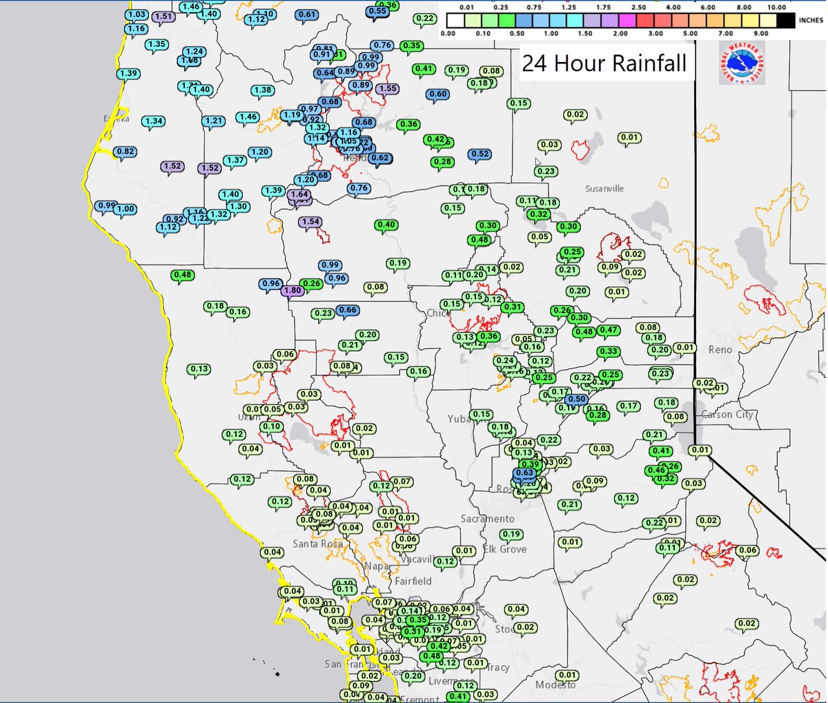 Wondering how much rainfall fell over the area? Here are some 24 hour totals. Western Shasta