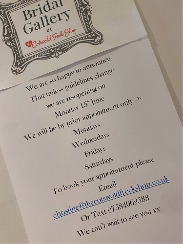 FrockShop's tweet photo. So excited to be opening again on 15th June, we will be by appointment only, with shorter days and hours, but Woo Hoo we can see our lovely brides again, we can not wait https://t.co/5bbW5hcuGa