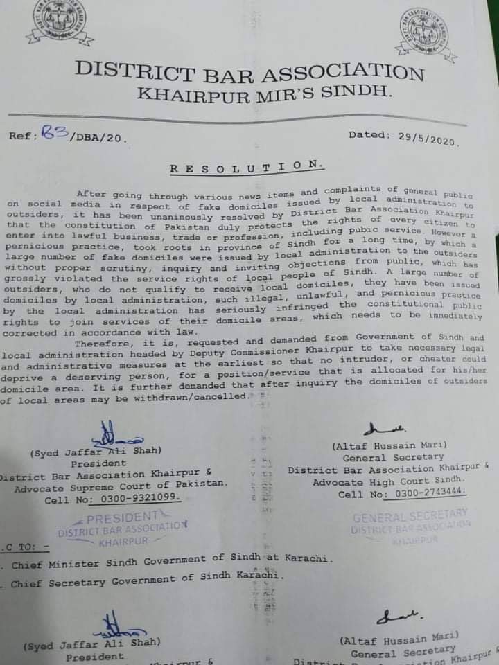 Majid_PSF's tweet photo. District Bar Association khairpur has passed resolution against Fake, and illegal domiciles issued to outsiders in #Sindh. 
#SindhRejectsBogusDomiciles https://t.co/HFJfgj4ozq