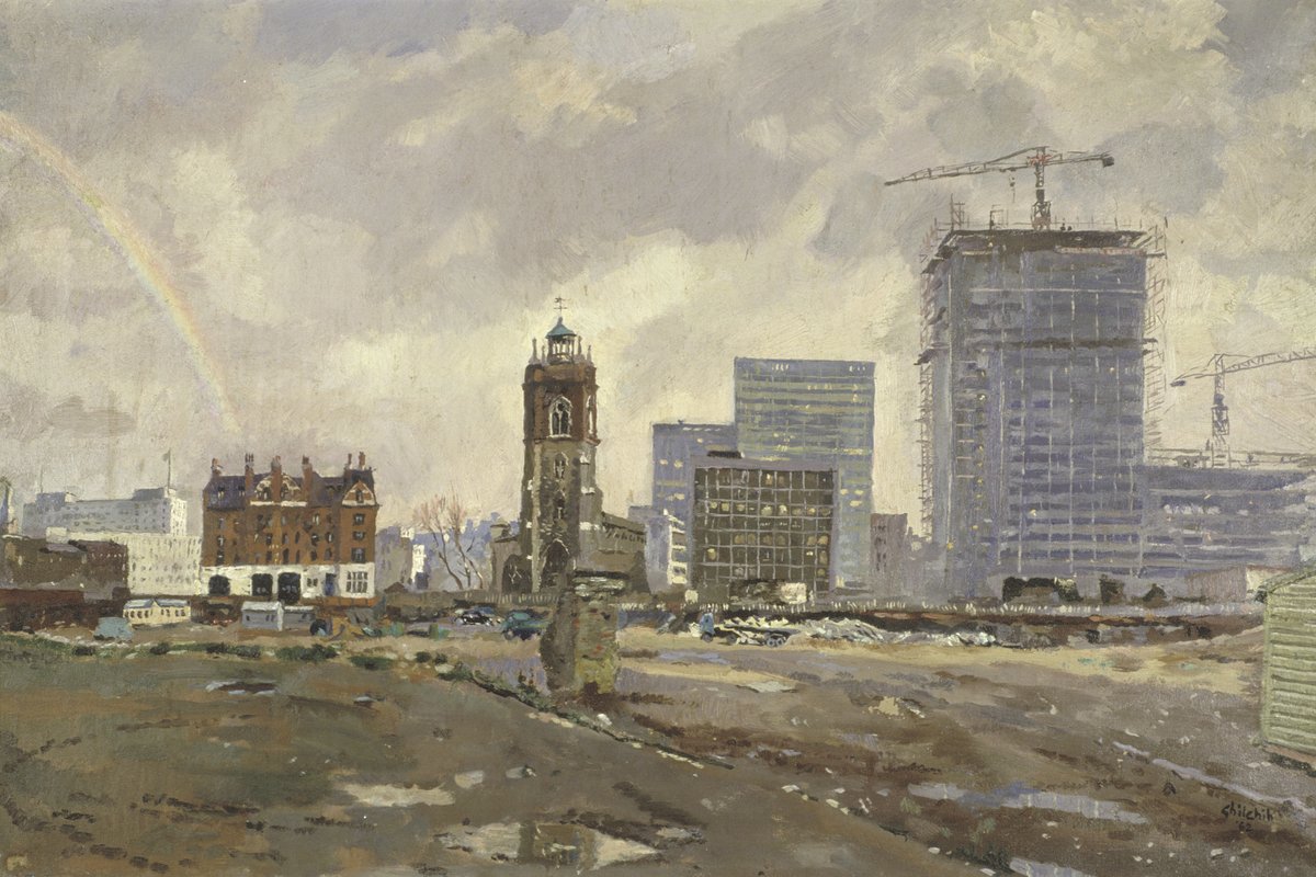 David Ghilchik's Out of the Ruins of Cripplegate shows the post-war rebuilding of London. The rainbow and title imbue the painting with a quiet sense of hope, hinting at the city's resilience. The artwork was part of our 2019 exhibition, #ArchitectureofLondon. #LondonHistoryDay
