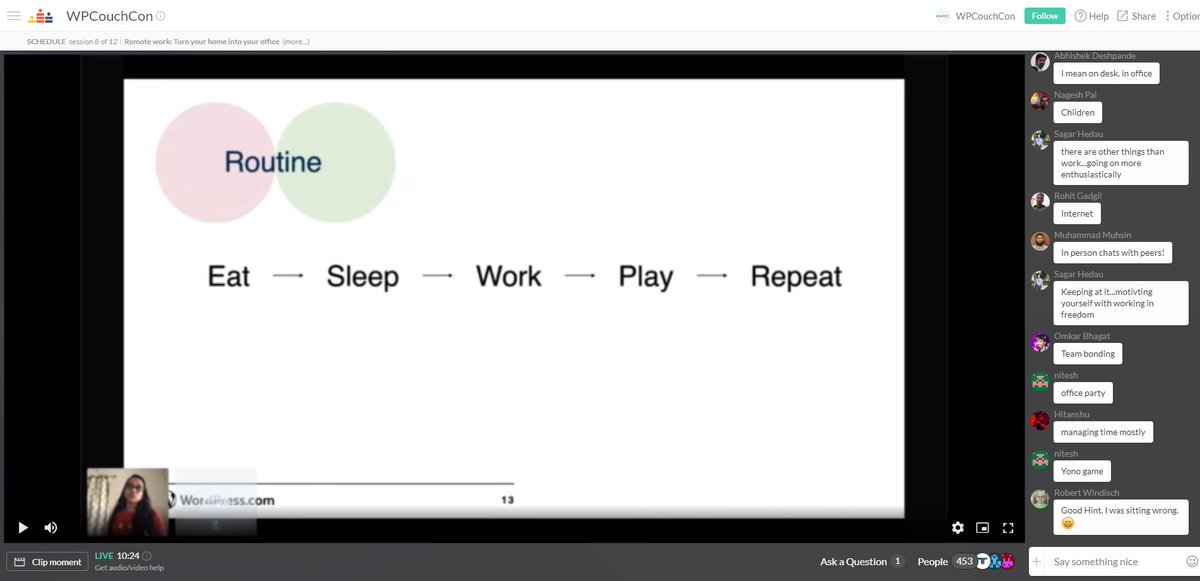📢 Very productive session about " Remote work " by <a href="/krutidugade/">Kruti Dugade</a> in <a href="/wpcouchcon/">WPCouchCon</a>.
 
Eat -> Sleep -> Work -> Play -> Repeat

Do join now 👉 crowdcast.io/e/wpcouchcon/8

#WPCouchCon #WordPress