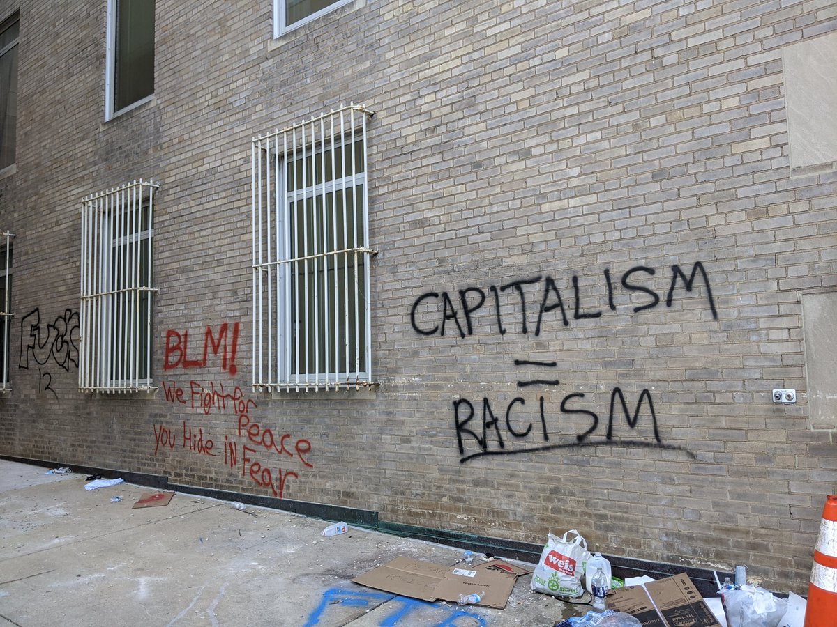 Graffiti on side of the VA headquarters:"capitalism = racism""We right for peace, you hide in fear."