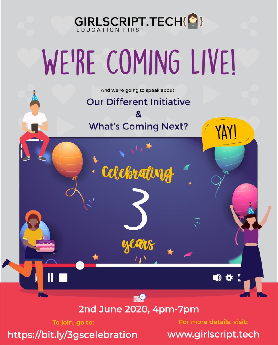 anubhamane's tweet image. We are celebrating the 3rd Birthday of @Girlscript1. 
All the team members will be coming Live on 2nd of June 2020 and talking about the existing initiatives. 
We will be also talking about our new initiatives.