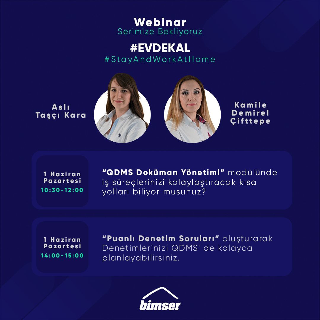 Bimser_'s tweet photo. 1 - 3 Haziran arası düzenleyeceğimiz #webinar serimize davetlisiniz.
Kayıt linklerine websitemizin 'Webinar Takvimi' bölümünden ulaşabilirsiniz.
#Bimser #QDMS #BimserWebinar #StayAndWorkAtHome https://t.co/NbRi2ctcZ5