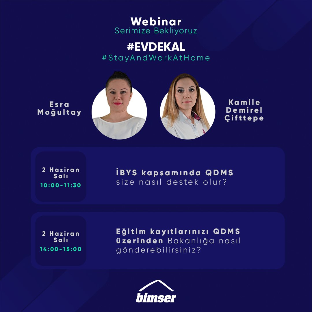 Bimser_'s tweet photo. 1 - 3 Haziran arası düzenleyeceğimiz #webinar serimize davetlisiniz.
Kayıt linklerine websitemizin 'Webinar Takvimi' bölümünden ulaşabilirsiniz.
#Bimser #QDMS #BimserWebinar #StayAndWorkAtHome https://t.co/NbRi2ctcZ5