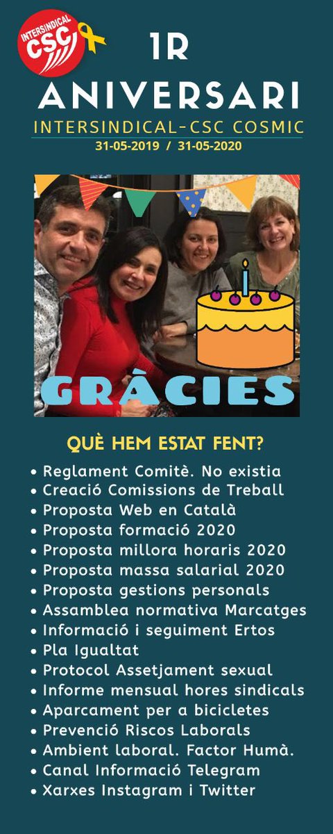 intersindicalc1's tweet photo. Molt bon dia!! Intersindical-CSC Cosmic compleix 1 any!! És el nostre aniversari!!! Avui celebrem el nostre primer aniversari com a membres de Comitè d’Empresa i representants de tots els treballadors de Cosmic per la Intersindical-CSC!!!! https://t.co/8rc9f1uGMj