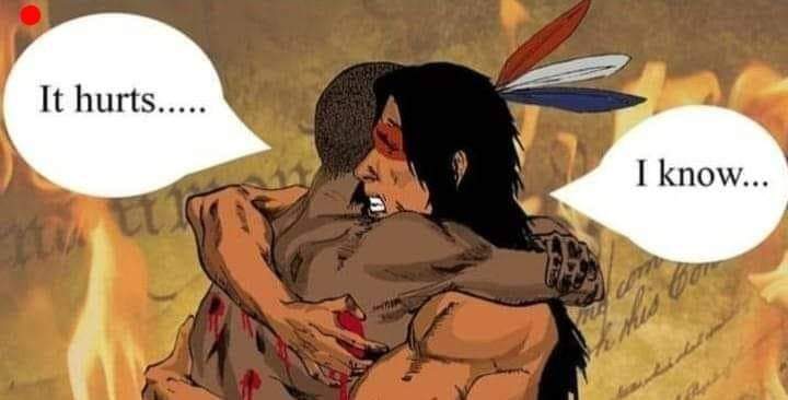 *صورة معبرة .. رجل ذو بشرة سوداء يحتضن رجلاً ممن يسمون خطأً "الهنود الحمر"، وهم السكان الأصليين لأمريكا، ويقول له "هذا مؤلم" ليجيبه "انا أعلم"👌🏼*