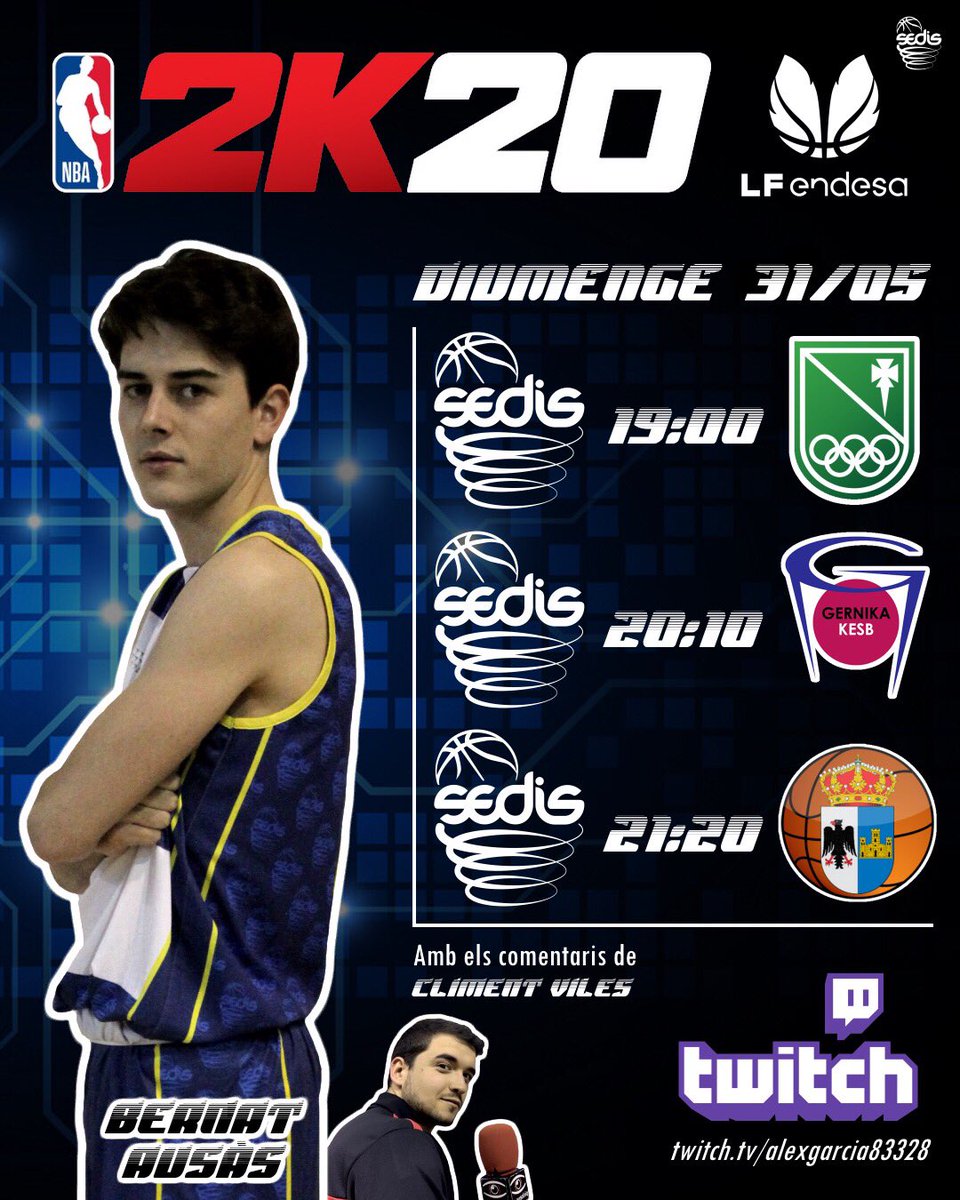 🔵⚪️🎮

🔥 AVUI CADÍ LA SEU AL TORNEIG #NBA2K20 ORGANITZAT PER <a href="/lbvirtualcom/">Liga de Basket Virtual</a> I <a href="/Alexgarcia833/">Alejandro García</a> 

⏰ 19:00 🆚 <a href="/STCBaloncesto/">St. Casablanca Baloncesto</a> 
⏰ 20:10 🆚 <a href="/GKesb/">Lointek Gernika Bizkaia</a> 
⏰ 21:20 🆚 <a href="/CBBembibrePDM/">Embutidos Pajariel Bembibre P. D. M.</a>
👤 Bernat
🎙 <a href="/clivg/">Climent Viles</a>

🔴 EN DIRECTE A LES 19:00
📺 twitch.tv/alexgarcia83328
💪🏻 Som-hi Bernat!

#somhisedis 🏀