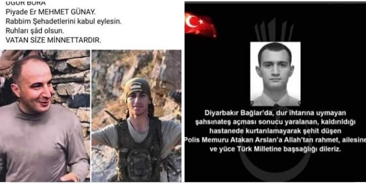 Hakkari ve Diyarbakır da ŞEHİT lik şerbeti içen bu güzel makama nail olan şerefli yiğitlerimizi Rahmet ve minnetle anıyorum. Mekanınız Cennet ül Firdevs olsun inşallah.