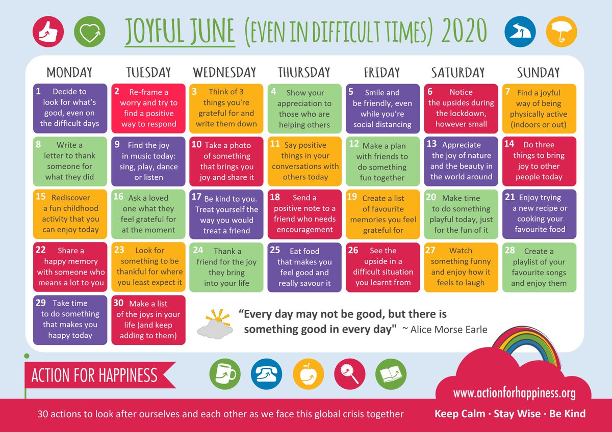 Samaritans (@samaritans) on Twitter photo June is almost here, so we're sharing another <a href="/actionhappiness/">Action for Happiness</a> calendar. This month is full of things to make your month joyful, even in these difficult times. What's your favourite action? June is almost here, so we're sharing another <a href="/actionhappiness/">Action for Happiness</a> calendar. This month is full of things to make your month joyful, even in these difficult times. What's your favourite action?