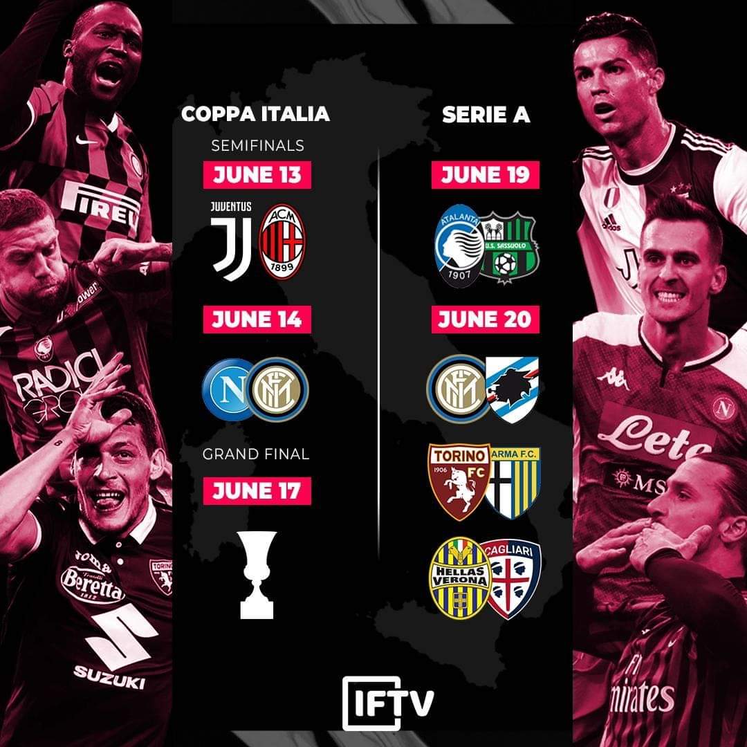 Are u ready? 🔥
 
Coppa Italia akan di mulai lagi pada tanggal 13 juni, lanjutan semifinal leg. 2 Juventus Vs Ac Milan. Dan liga Italia akan menyusul tgl 19 juni.