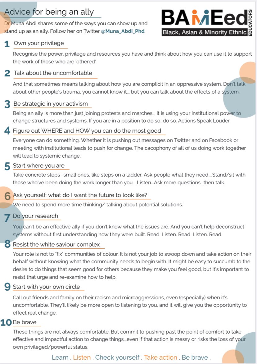 Great resource on how to be an ally by <a href="/BAMEedNetwork/">The BAMEed Network</a> @Muna_Abdi_Phd 

Be an ALLY, let’s #StandTogether ✊🏾
