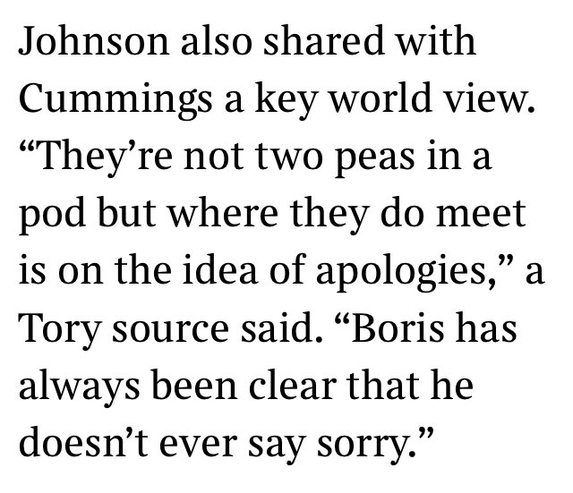 Then the “never apologise” mantra - that unites  @BorisJohnson and  #Cumming. Remember that brutal judgment on the illegal proroguing of Parliament. No apology then either. /2