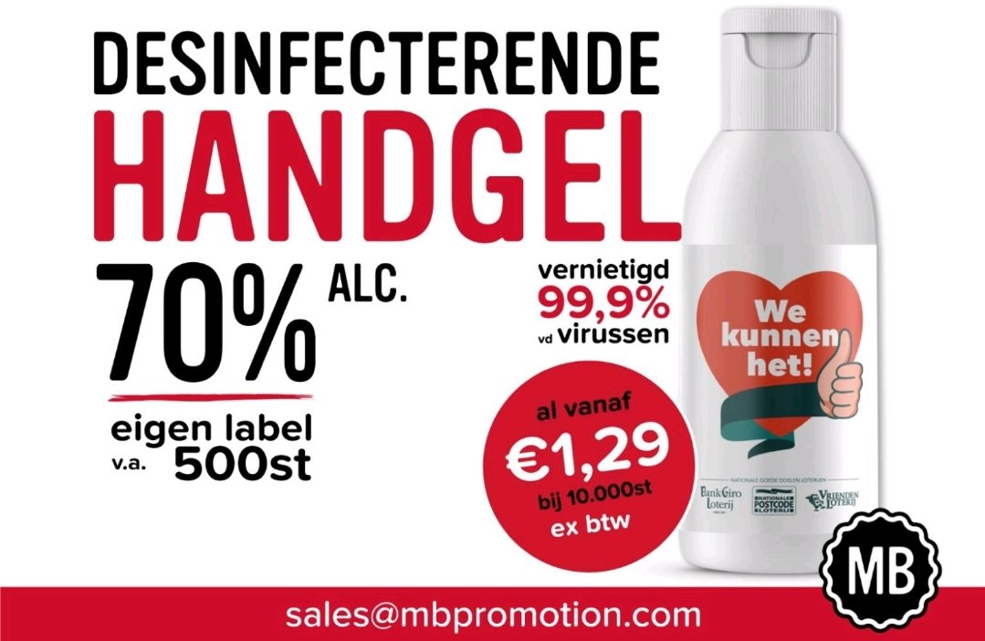 Hygiëne is in deze tijden belangrijker dan ooit. Iedereen wil graag de beschikking hebben over een eigen flesje desinfecterende handgel voor op zijn bureau, in zijn hand/werk tas of in de auto. 

Wil jij handgel met een uniek eigen label mail sales@mbpromotion.com
