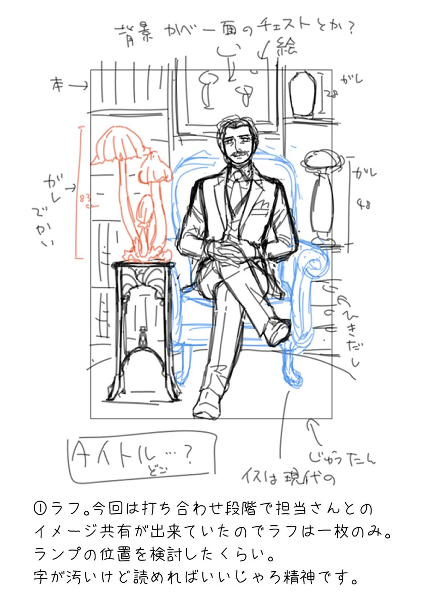 『三枝教授のすばらしき菌類学教室』2巻表紙カバーのアレコレ。
ラフに書いてある数字はランプ類の高さです。
資料写真見てるだけだと大きさわからないので、予想外のサイズに驚くこともあります。 