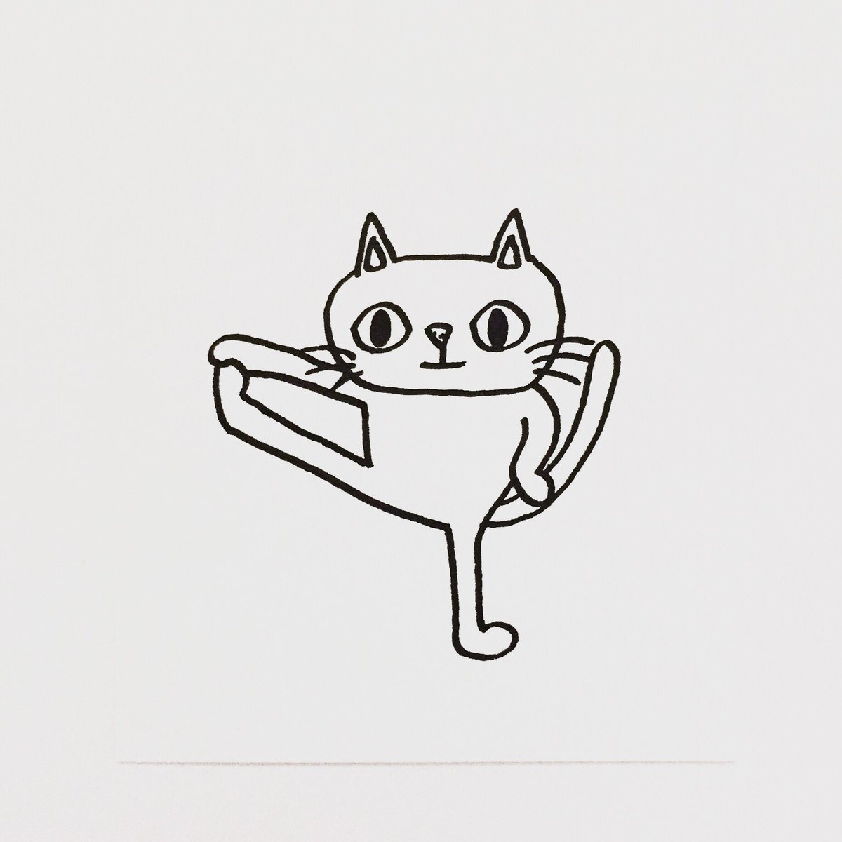 肌子 今日のイラストはコレ ｪ ヨガの一本足のポーズをしている猫 イラスト 猫 ネコ ねこ オリジナル ペン画 アナログ画 絵 猫の絵 白黒猫 白猫