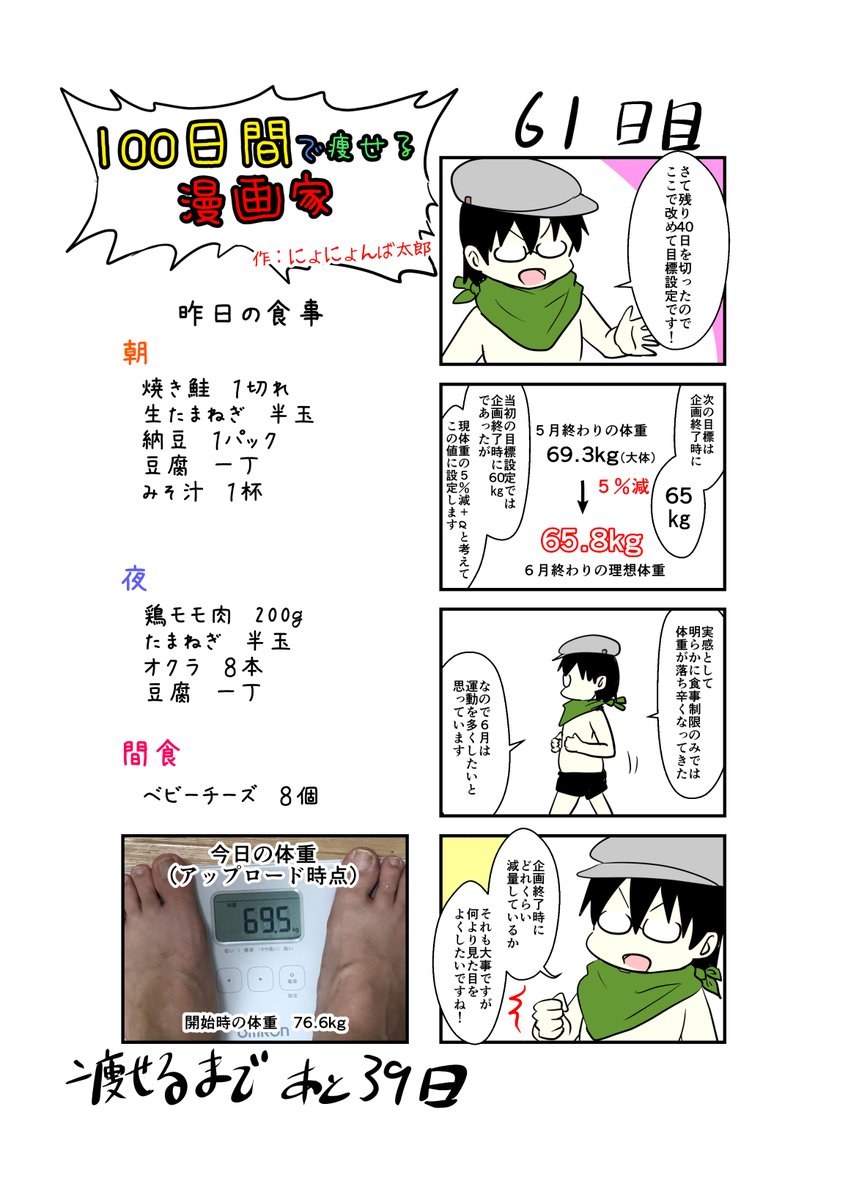 「100日間で痩せる漫画家」
61日目
(毎日19時頃アップします!)

当初目標の60kgってしてたけど、ありゃ無理だわ。

#100日間で痩せる漫画家
#ダイエット 