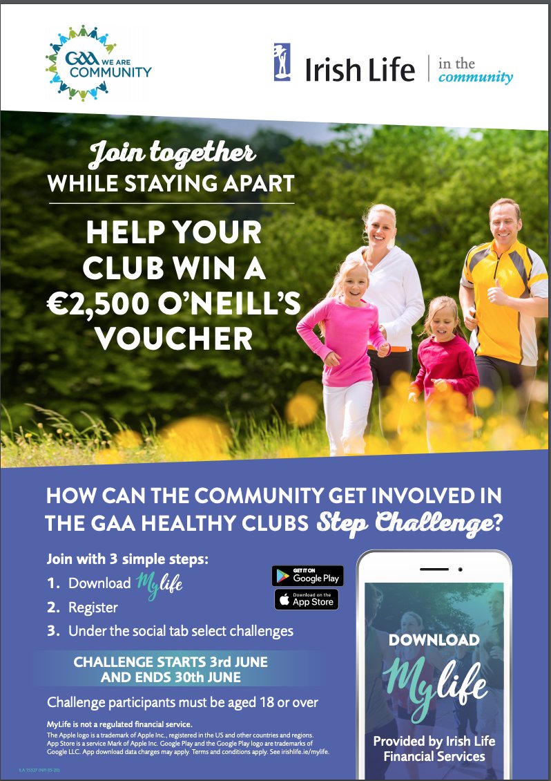 Walking a bit more than usual? Seeing parts of Midleton on foot that we only previously seen by car? Why not sign up for the MyLife GAA Healthy Clubs Step Challenge. Register over the weekend, challenge starting 3rd June.

mylife.irishlife.ie/gaa-healthy-cl…

<a href="/midleton_LGFA/">Midleton Ladies Football Club</a> <a href="/MidletonCamogie/">Midleton Camogie</a>