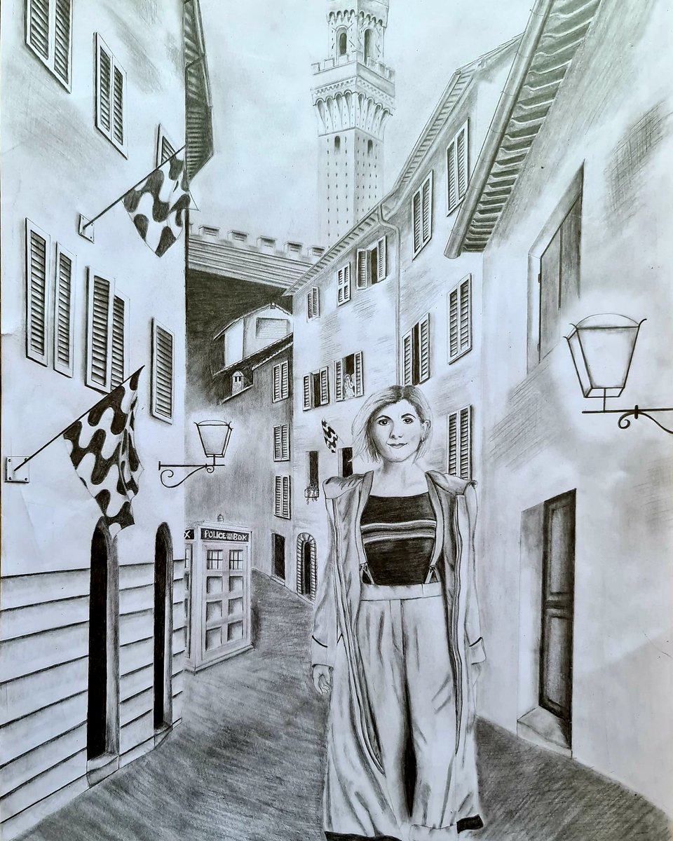 emmajtp's tweet photo. Finished my #lockdown #DoctorWho drawing yesterday. It combines my love for Siena with the show I adore. Can anyone spot my little nod to one of my favorite episodes in the back? #DoctorWhoLockdown #doctorwhofanart #fanart #italy #siena @bbcdoctorwho #jodiewhittaker https://t.co/JQLrovGhI8