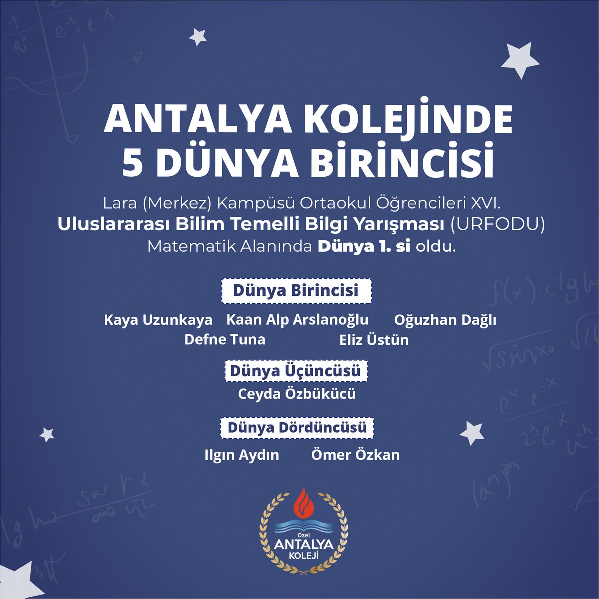 Antalya Koleji Lara (Merkez) Kampüsü Ortaokul Öğrencileri XVI. Uluslararası Bilim Temelli Bilgi Yarışması (URFODU) Matematik Alanında Dünya 1. si oldu.
#Matematik #URFODU #Gelecekiçinşimdi
