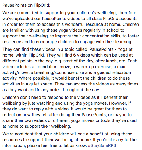 DeputyDCooper's tweet photo. We are committed to supporting your children's wellbeing, concentration & resilience, therefore I've uploaded our @gwylanuk PausePoints yoga videos to all @RichmondParkCPS class @Flipgrid accounts for them to access this wonderful resource at home. #StaySafeRPS #FlipgridFever https://t.co/ZQW2hng5In
