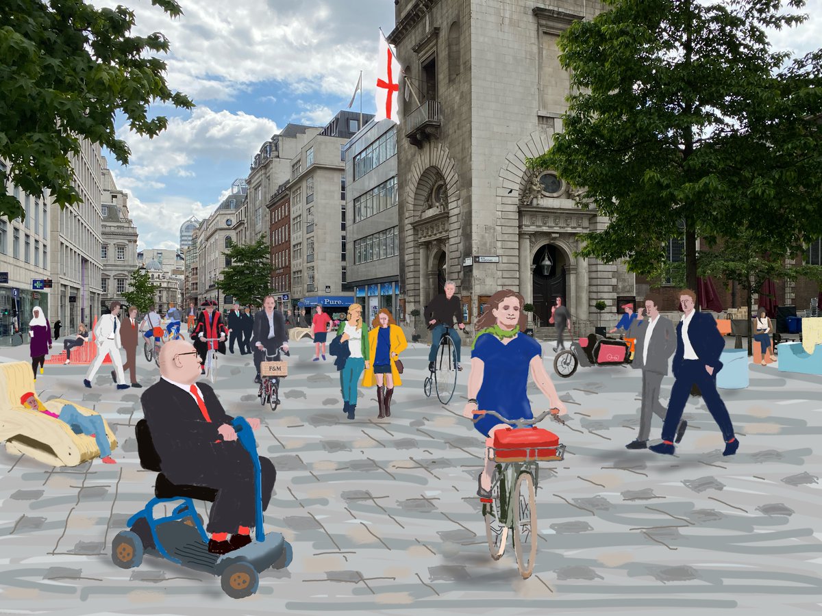 This is what Cheapside in the City of London could look like as a shared space for pedestrians, wheelchairs, penny farthings and cargo bikes <a href="/CheapsideBA/">Cheapside Business Alliance</a> <a href="/cityoflondon/">City of London</a> @thejeremyvine <a href="/pedalmeapp/">Pedal Me</a> <a href="/bricycle/">@bricycle</a> @sustranslondon <a href="/MattWinfield2/">Matt Winfield</a> <a href="/London_Cycling/">London Cycling Campaign</a>
