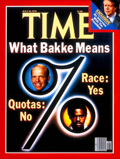 Itu yang membawa kepada kes UC Davis vs. Bakke tahun 1978 apabila seorang lelaki White bernama Allan Bakke telah sue University of California at Davis sebab permohonannya ditolak akibat kuota dah penuh. Keputusan hakim kata kuota adalah "unconstitutional".