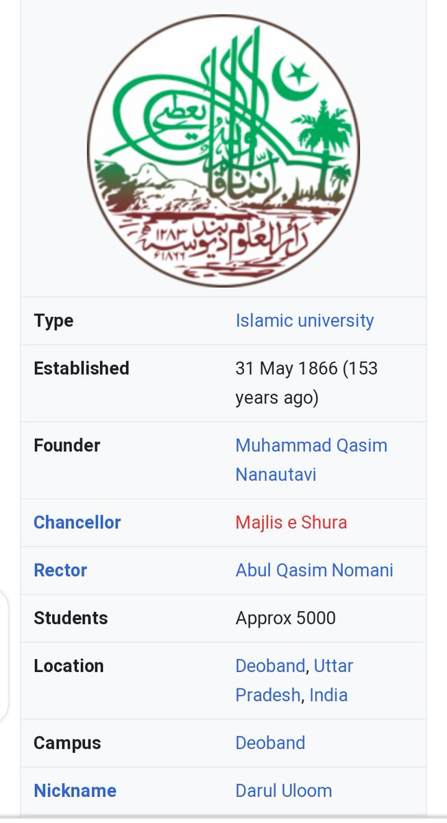 Mdosama39847826's tweet photo. The Darul Uloom Deoband is an Islamic university in India where the Sunni Deobandi Islamic movement began. It is located at Deoband, a town in Saharanpur district, Uttar Pradesh. The school was founded in 1866 by Muhammad Qasim Nanautavi.

#ThankYouDarulUloomDBD https://t.co/GpYCNil2Kg