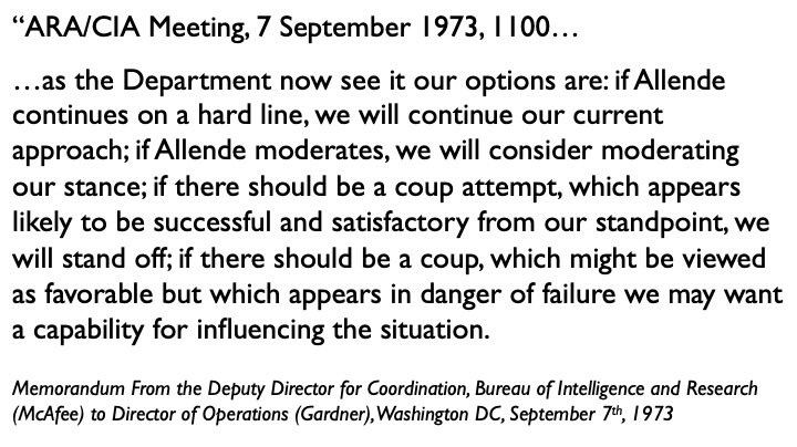 The State Department communications make it very clear that Washington saw a coup as an entirely acceptable outcome. Remember that Allende was democratically elected, and this is the US government discussing the support of a fascist military coup. 