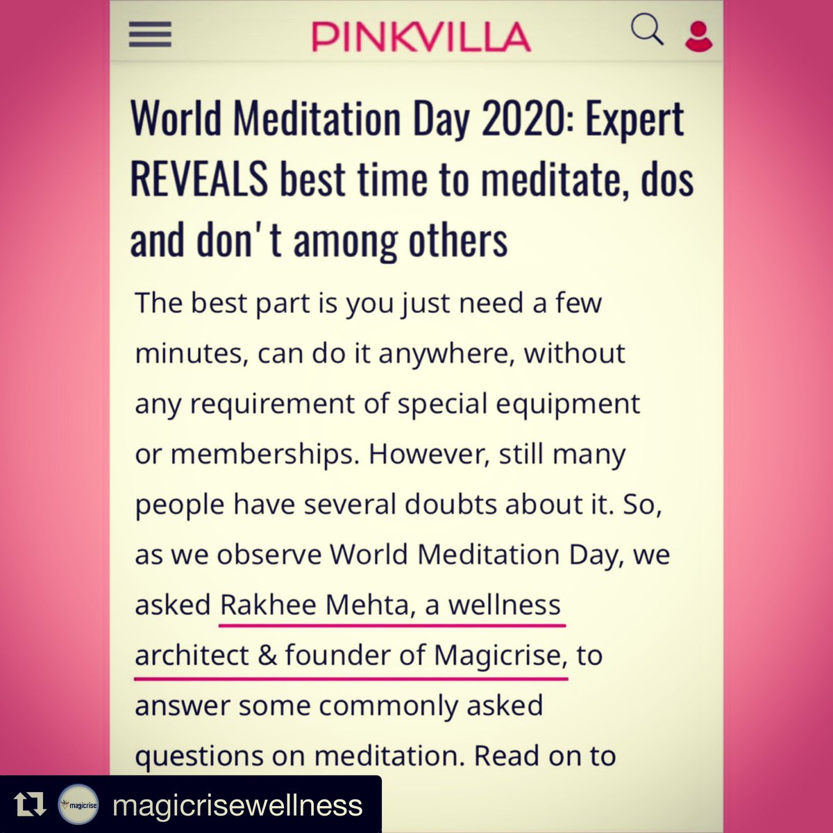 #thankyou <a href="/pinkvilla/">Pinkvilla</a>  #feature on world meditation day .tips by founder @magicrisewellness @connecktingdots <a href="/nehakhilnani/">Neha Khilnani</a> link : lnkd.in/eNn79_Q? #entrepreneur  #magazine