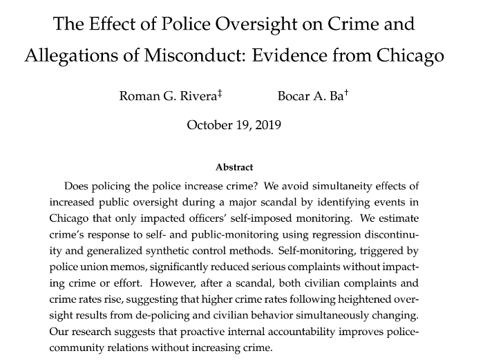 This study considers changes in who is monitoring police behavior (internal vs. external monitoring after a scandal). It finds that internal/self-monitoring works better. https://www.dropbox.com/s/4ar67esosdcuiuu/Rivera%20and%20Ba%20%282019%29.pdf?dl=0