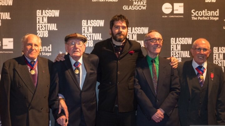 Bob Fulton was joined in leading this act of solidarity by Robert Somerville, John Keenan, & Stuart Barrie. Picture shows all four antifascist heroes with Felipe Bustos Sierra, director of Nae Pasaran...   @naepasaran  #resist  #Glasgow  #Scotland  #Chile  #film