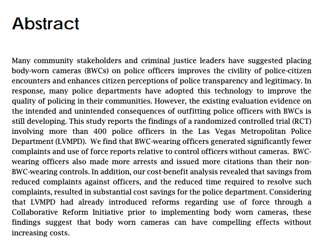 There has since been another BWC RCT in Las Vegas -- it appears to find beneficial effects, though I have not read this one closely (yet). https://www.ncjrs.gov/pdffiles1/nij/grants/251416.pdf