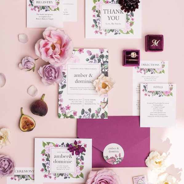 Stationary invitation cards in power blush, deep plum, and soft lilac hues so perfect for spring! 🌸 (Via <a href="/ruffledblog/">Ruffled® - Amanda Nistor</a> | <a href="/basicinvite/">Basic Invite</a> | <a href="/maemae_co/">Megan Gonzalez</a>
