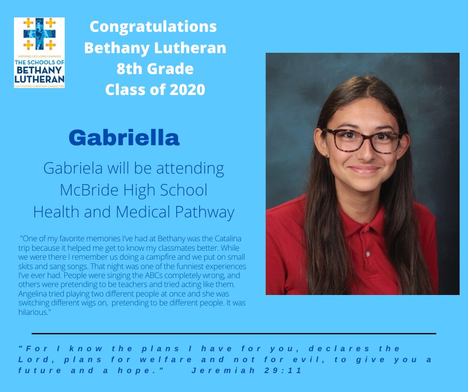 BethanyBearsLB's tweet photo. Proud to present another 8th grade graduate. Congratulations Gabriella!  #Meetourgraduates  #BethanyBears https://t.co/uxho21ToxL