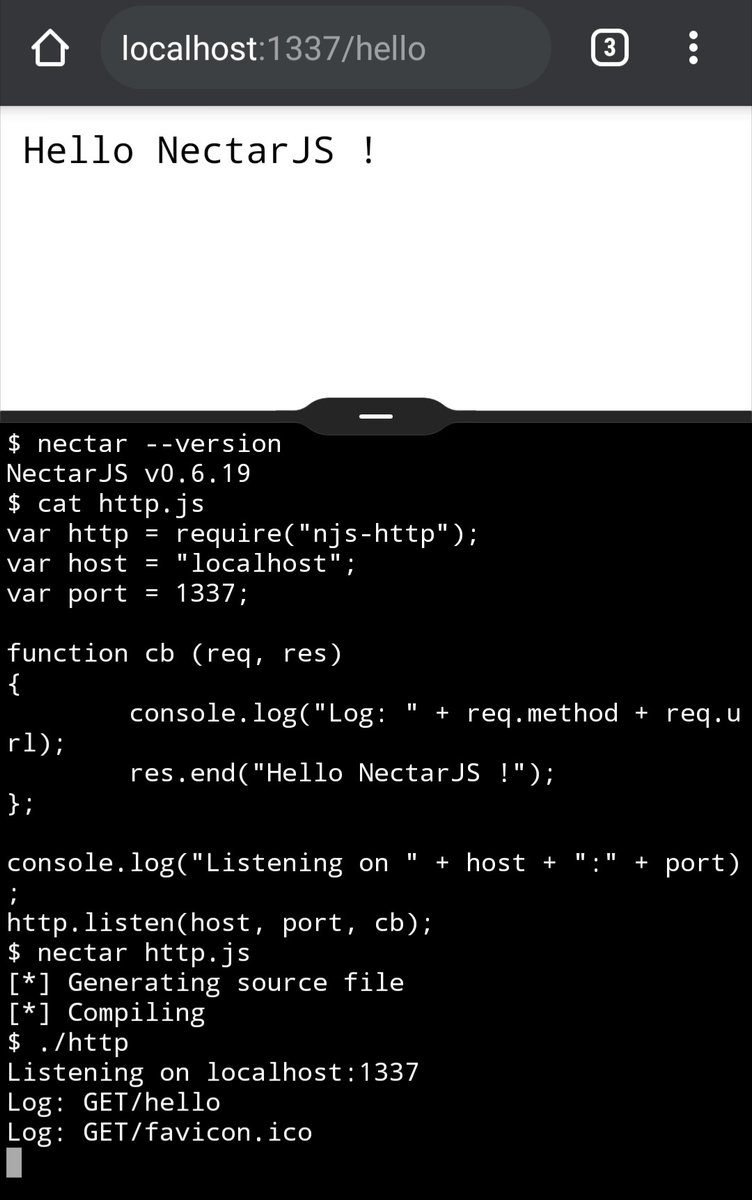 NectarJS's tweet image. #nectarjs njs-http module enables easy web server creation on #linux #android #windows and more

#javascript #js #developer #CodeNewbie #code #nodejs #denojs