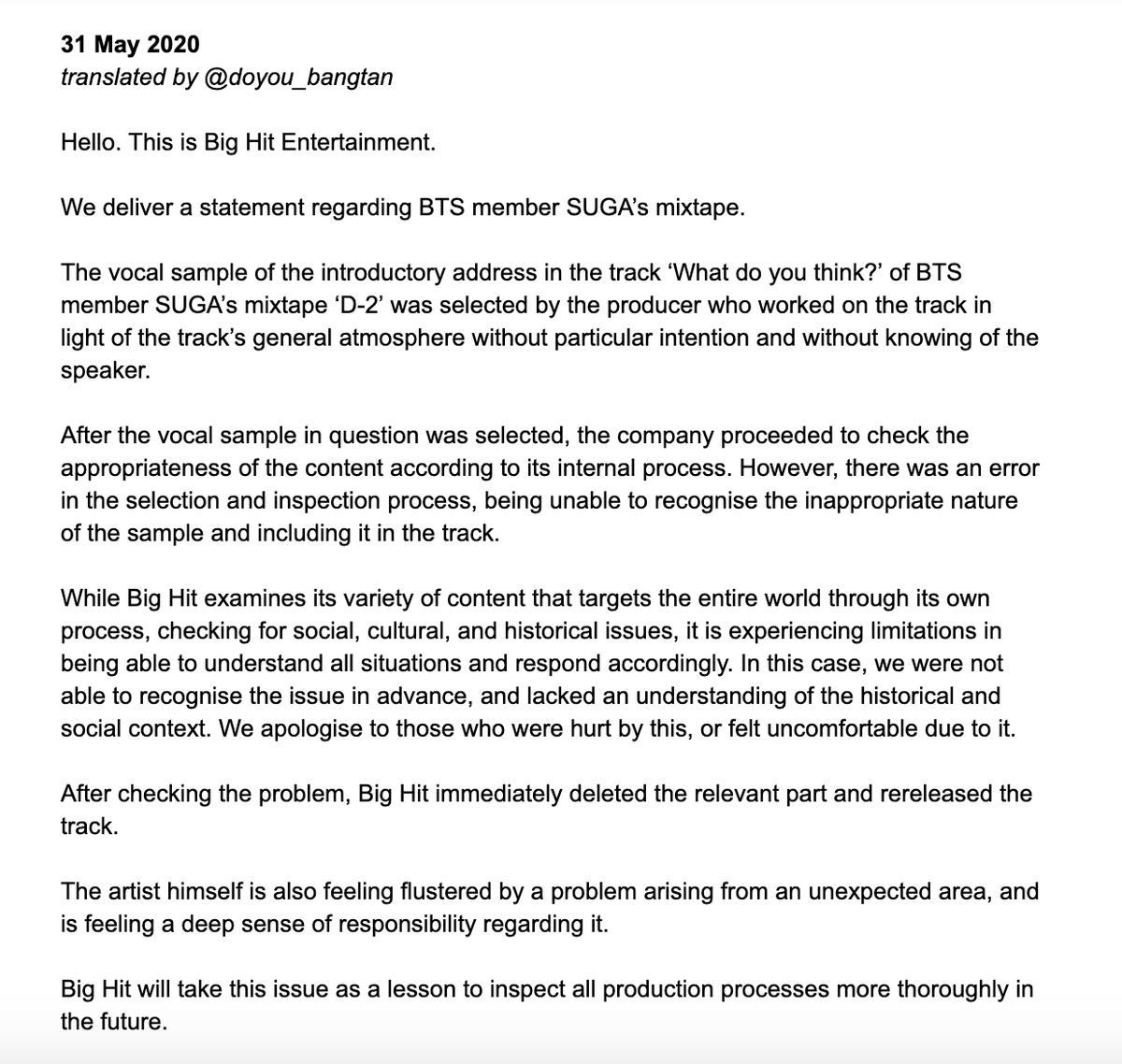 BH's official statement