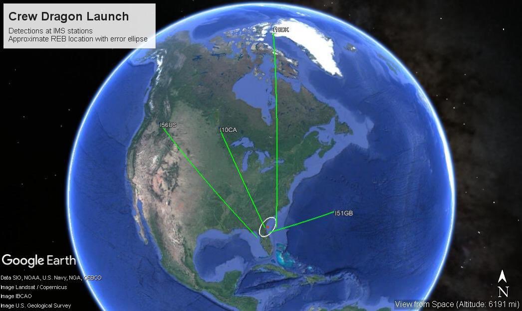 SinaZerbo's tweet photo. Détection lancement #VaisseauSpatial «#CrewDragon», depuis #CentreSpatialKennedy, 30Mai2020 à 19:22:45 UTC, par 4 stations infrasons du Système de Surveillance Int’l #OTICE depuis les Bermudes jusqu’au Groenland à plus de 5500km: Réseau fonctionnel malgré restrictions #COVIDー19 https://t.co/U4GQgPXVay