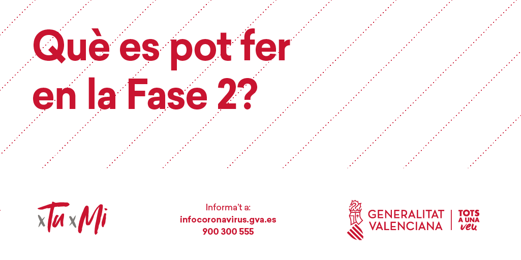 📣 Què es pot fer en la 𝗙𝗮𝘀𝗲 𝟮?

🔸 Comerç 
🔸 Activitat física i franges horàries
🔸 Mobilitat
🔸 Centres comercials
🔸 Mesures socials
🔸 Hostaleria i restauració
🔸 Cita prèvia
🔸 Platges...

[ 📋 Tota la informació ací ✅➡️ bit.ly/3dj51ON ]

▶️ #AmbPrudència