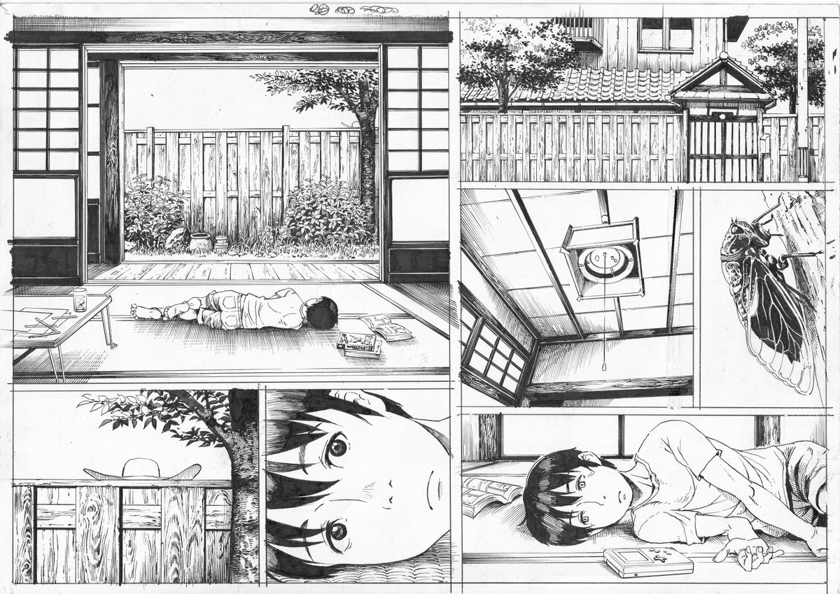 八尺様漫画1ページ目。今回は和風ホラーだし、どうしても水木プロの背景をオマージュしたかったのでいつものシャーペン画ではなく丸ペンと製図用インクというすごく漫画家っぽい作業をしている。 