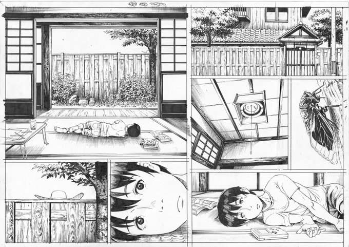 八尺様漫画1ページ目。今回は和風ホラーだし、どうしても水木プロの背景をオマージュしたかったのでいつものシャーペン画ではなく丸ペンと製図用インクというすごく漫画家っぽい作業をしている。 