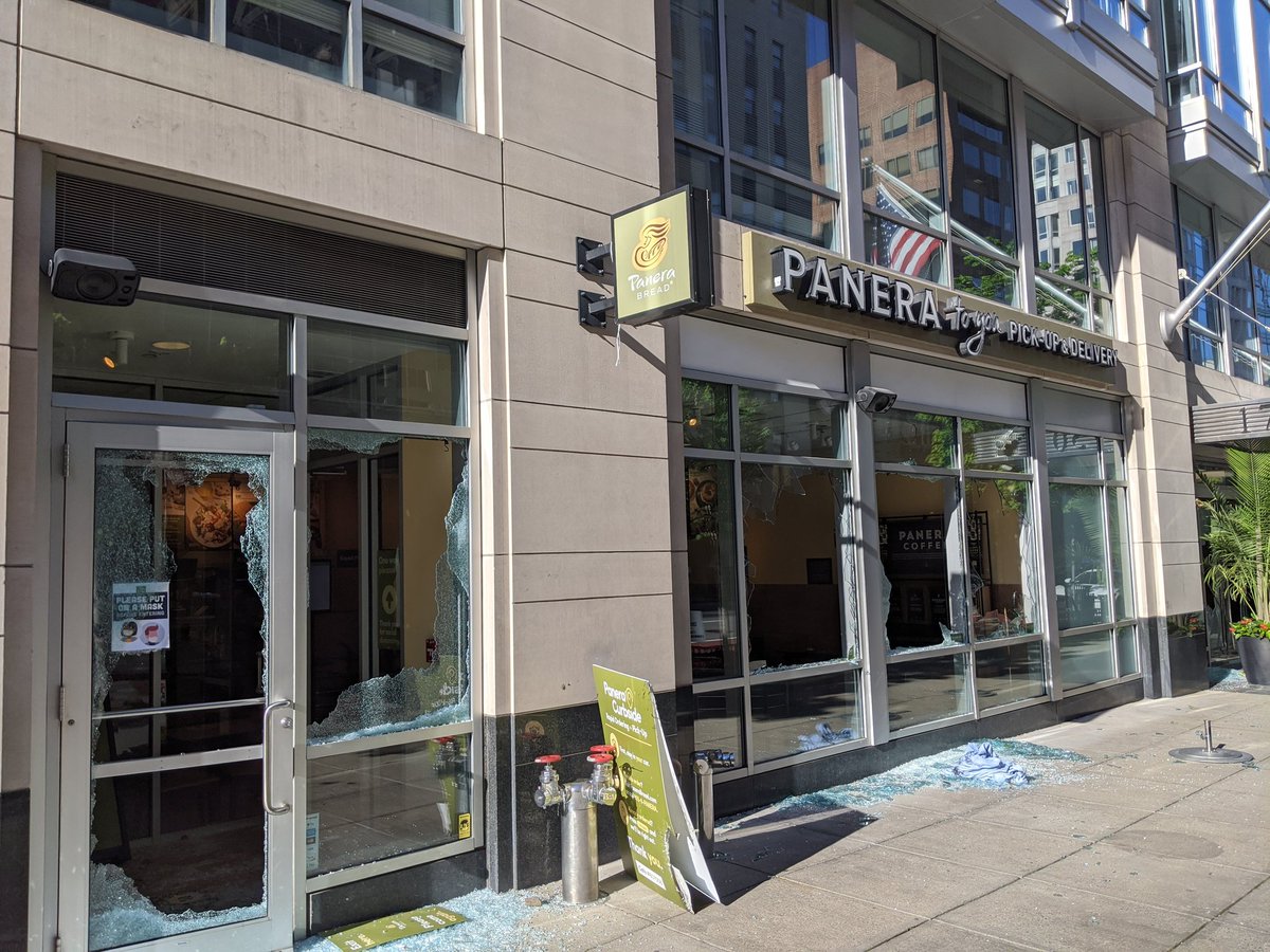 Totally destroyed windows and doors at Panera on H and 18th