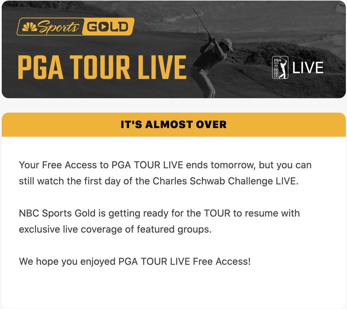 TopFrolf's tweet image. Shoutout PGA Tour Live for the free trial I've enjoyed since the PLAYERS. I have so many fond memories of your extensive coverage during this time that it would be unfair to recall any one in particular. At least we're going out with a bang at the Chuck Schwab LIVE