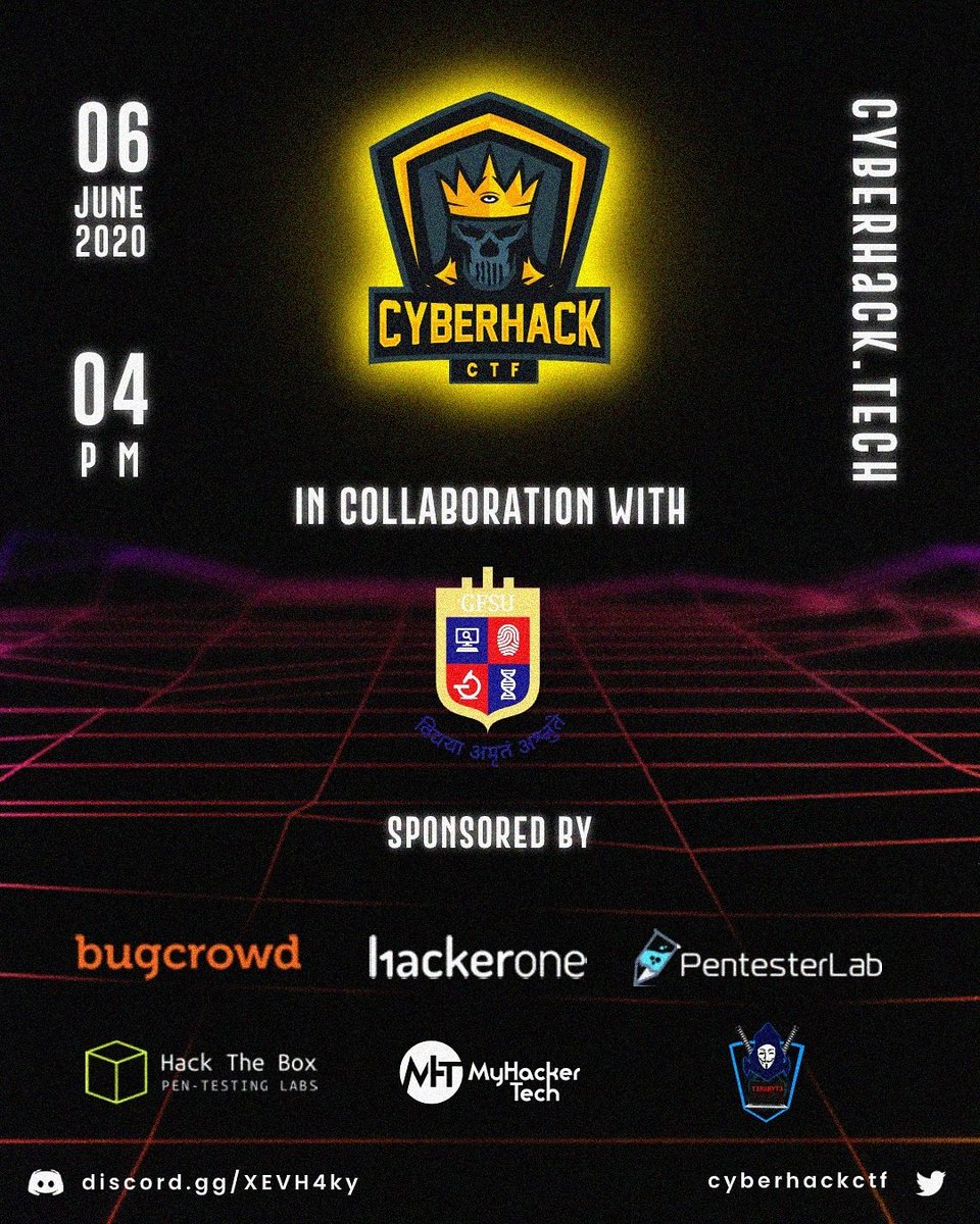 cyberhackctf's tweet image. Hey everyone!
As you know, we are organising CyberHackCTF
It will be a 24 hour Jeopardy StyleCTF
It will start on 06 June 2020 - 04pm IST and will run for 24 hours straight
sponsored by
@hackthebox_eu
@Bugcrowd
@Hacker0x01
@PentesterLab
Collabration with @GujaratForensic
