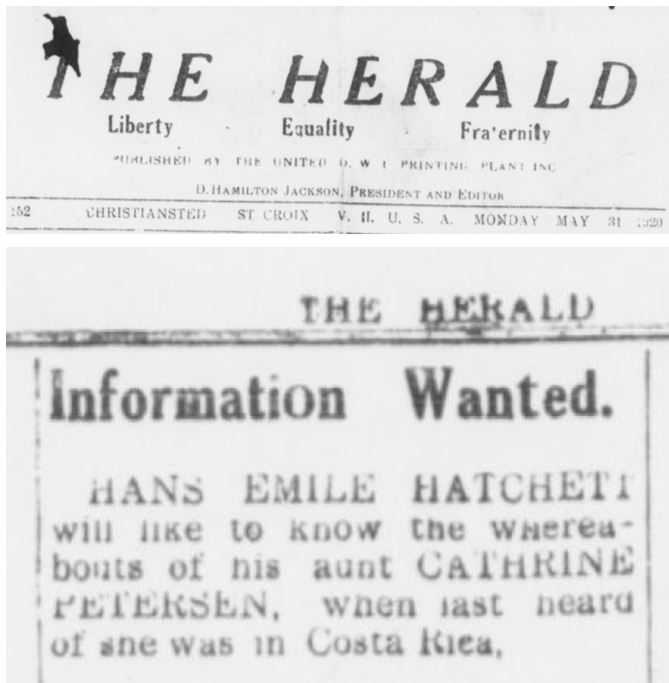 May 31, 1920, The Herald, searching for Cathrine Petersen