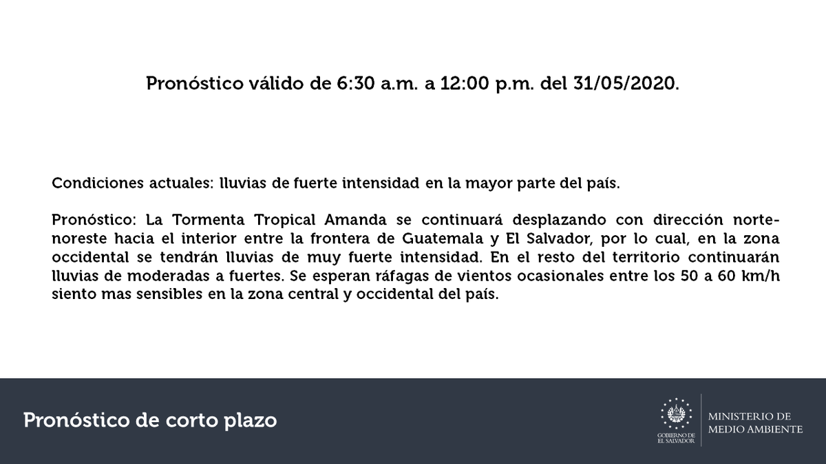 MedioAmbienteSV's tweet photo. 📌#ElObservatorioInforma pronóstico de muy corto plazo: válido de 6:30 a.m. a 12:00 p.m. del 31/05/2020. OB https://t.co/QnOSKrc4rR